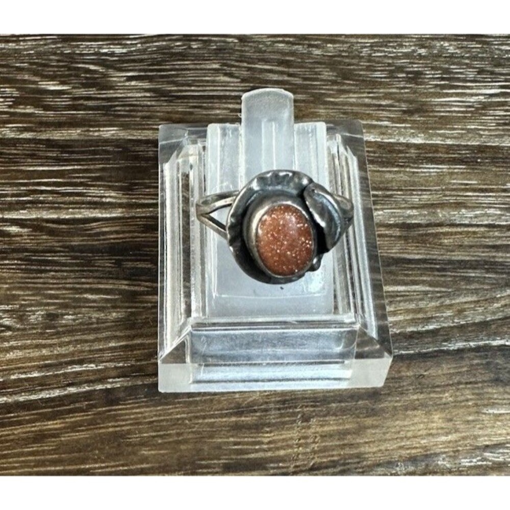 Vintage Taxco Mexico Sterling Silver Goldstone Leaf Edge Ring 6.75
